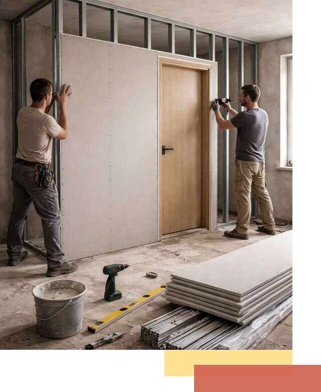 Перегородка из гипсокартона с дверью под ключ в Североморске