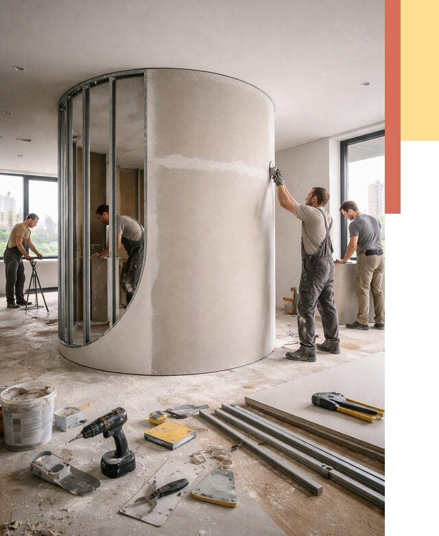 Радиусная перегородка из гипсокартона в Североморске от 3102 руб. под ключ | ОТДЕЛОЧНИК-Свм