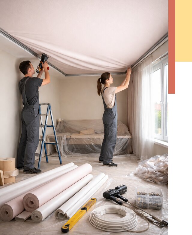 Монтаж цветного натяжного потолка в Североморске от 4493 руб/м² — быстро и недорого | ОТДЕЛОЧНИК-Свм