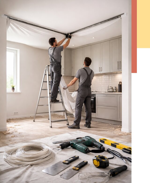 Установка натяжного потолка на кухне в Североморске от 2567 руб. | ОТДЕЛОЧНИК-Свм