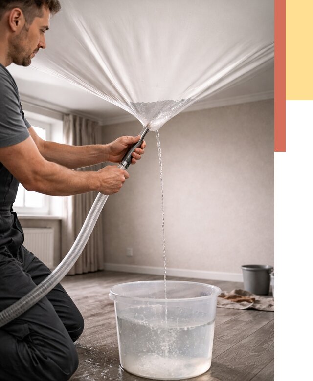 Слив воды с натяжного потолка в Североморске от 2674 руб. быстро и недорого | ОТДЕЛОЧНИК-Свм