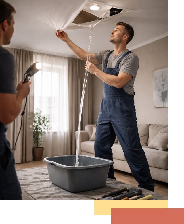 Слив воды с натяжного потолка в Североморске быстро и аккуратно