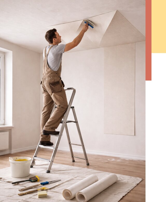 Поклейка обоев на потолок в Североморске от 4814 руб. быстро и недорого | ОТДЕЛОЧНИК-Свм